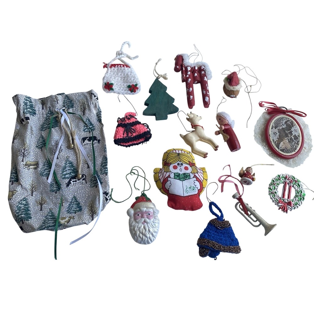 Vintage Lot of 14 Grandma's Christmas Ornaments, Plastic Cloth Wood Etc